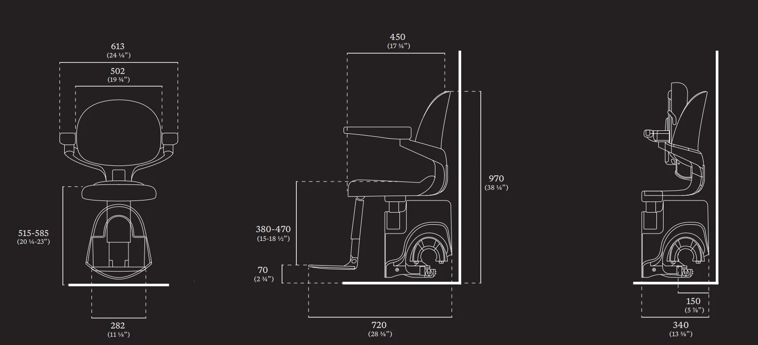 Access Flow X dimensioned drawings: front, side and folded side views with measurements in millimetres and inches