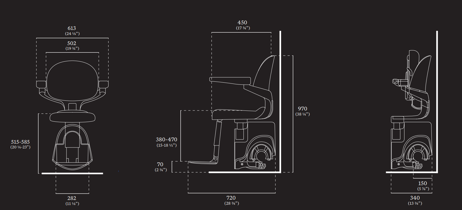 Access Flow X dimensioned drawings: front, side and folded side views with measurements in millimetres and inches