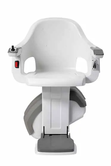 The chair head on. Rounded, neutral, and narrow enough for steps from 29 inches across.