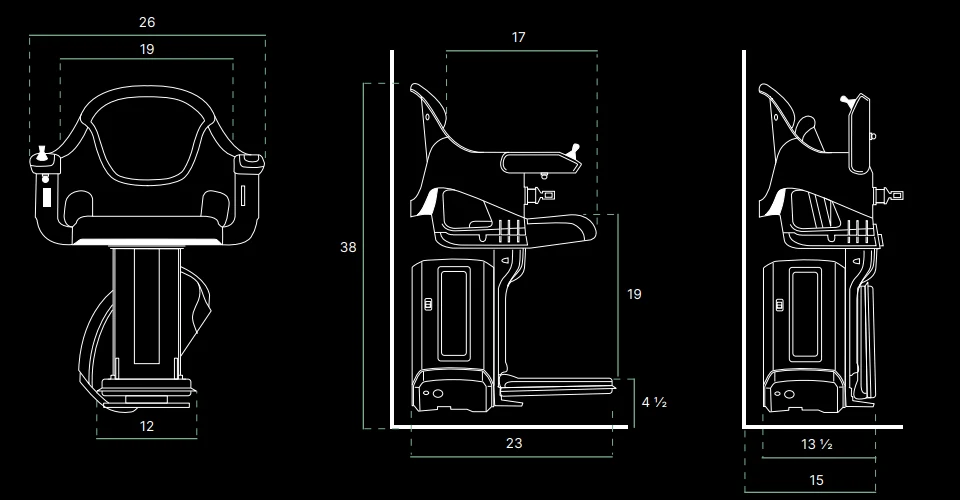 Access HomeGlide dimensioned drawings: front view 26 inches across the arms and 19 inches at the seat, side view 38 inches tall and 23 inches deep with a 19 inch seat height and 4 and a half inch footrest height, and folded view at 13 and a half to 15 inches deep