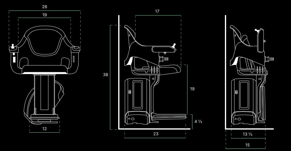 Access HomeGlide dimensioned drawings: front view 26 inches across the arms and 19 inches at the seat, side view 38 inches tall and 23 inches deep with a 19 inch seat height and 4 and a half inch footrest height, and folded view at 13 and a half to 15 inches deep