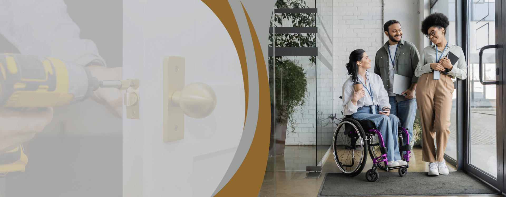 Wheelchair user passing through an automatic door that opens as they approach