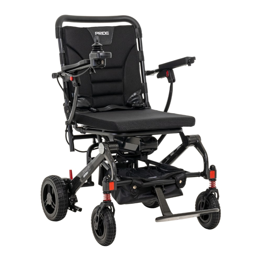 Folding power wheelchair of the kind lithium travel batteries are fitted to