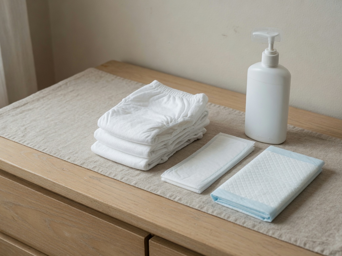 Folded white briefs, a pad, an underpad and barrier cream on a dresser