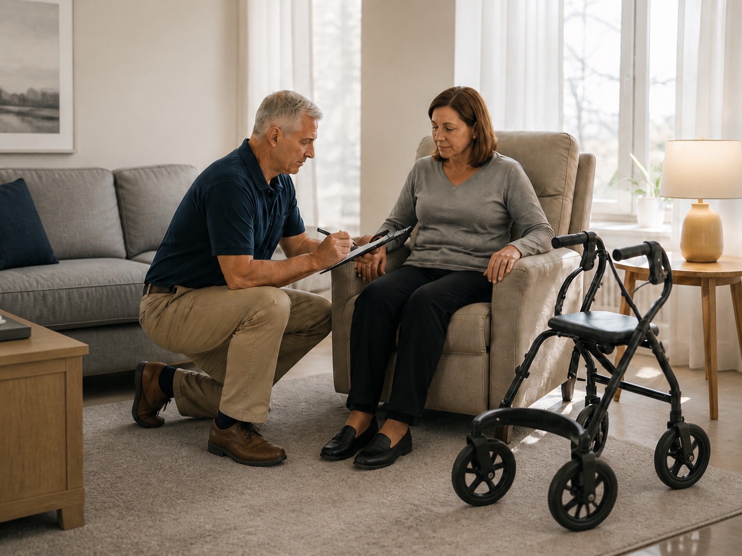 A Westin consultant assessing equipment needs with a client at home before a WSIB authorization request