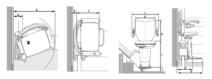 Handicare 1100 Style Seat dimensioned drawings: side, front and plan views with lettered measurements A to K