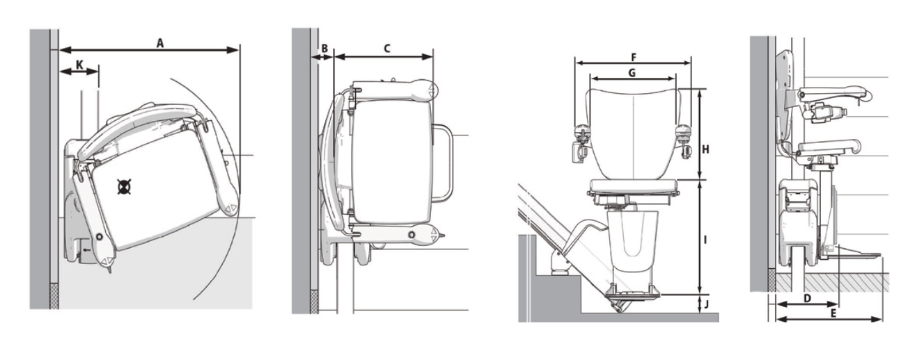 Handicare 1100 Style Seat dimensioned drawings: side, front and plan views with lettered measurements A to K