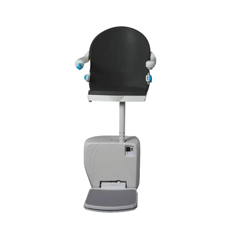 Handicare 4000 Perch seat in slate, raised on its pedestal with a shallow perch pad so the rider travels slightly standing