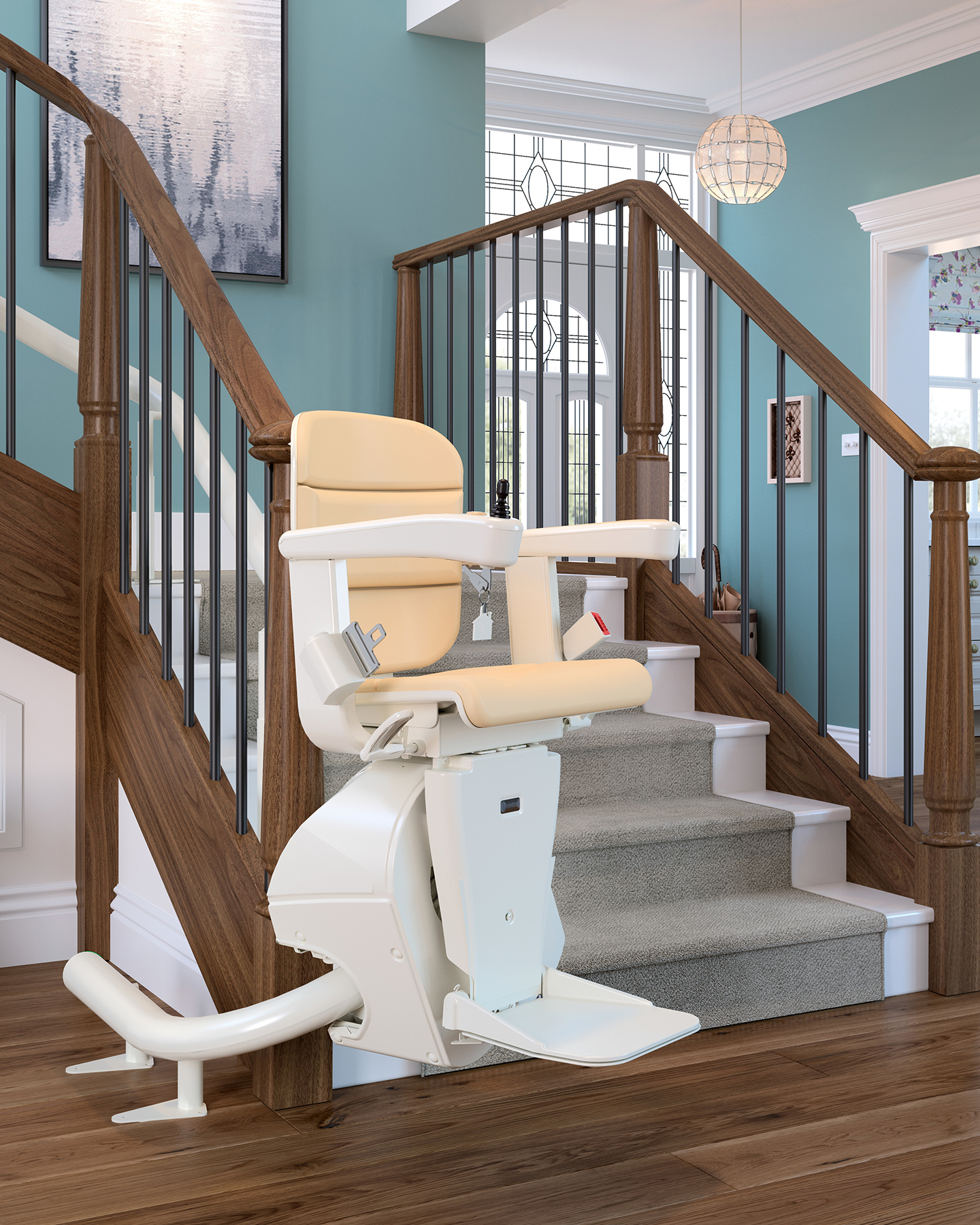 Handicare Freecurve curved stairlift parked at the foot of a carpeted staircase, its cream rail curving out onto the hardwood floor away from the bottom step