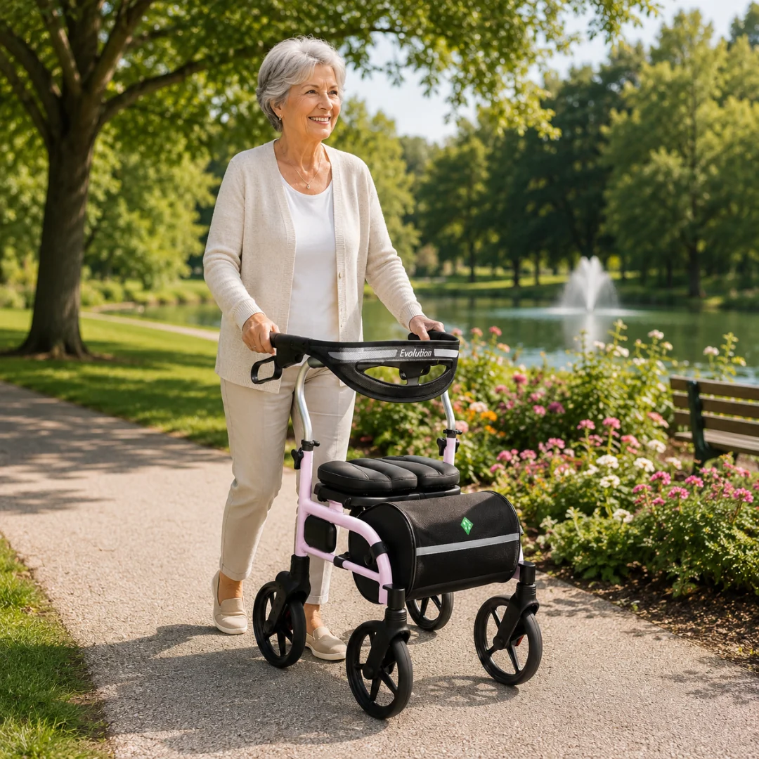 An older woman walking outdoors on a park path using a four wheel rollator with a seat