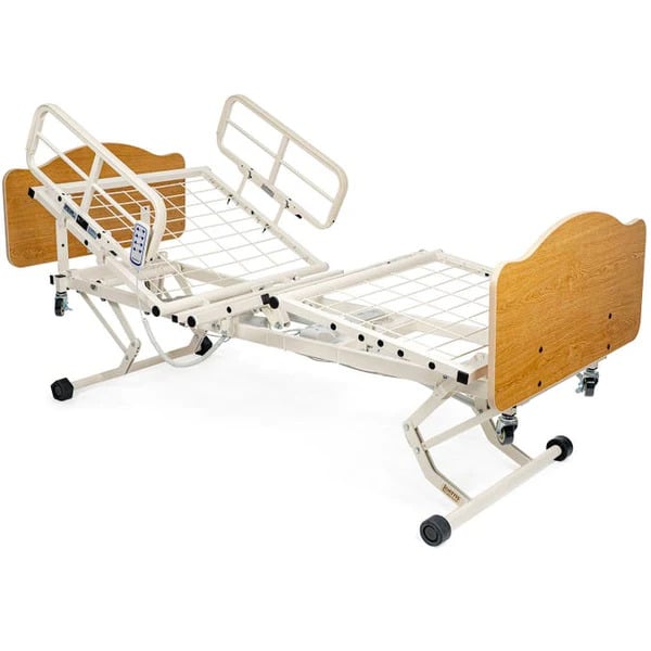 Wecare premium rental hospital bed with light oak head and foot boards and half rails, shown without a mattress