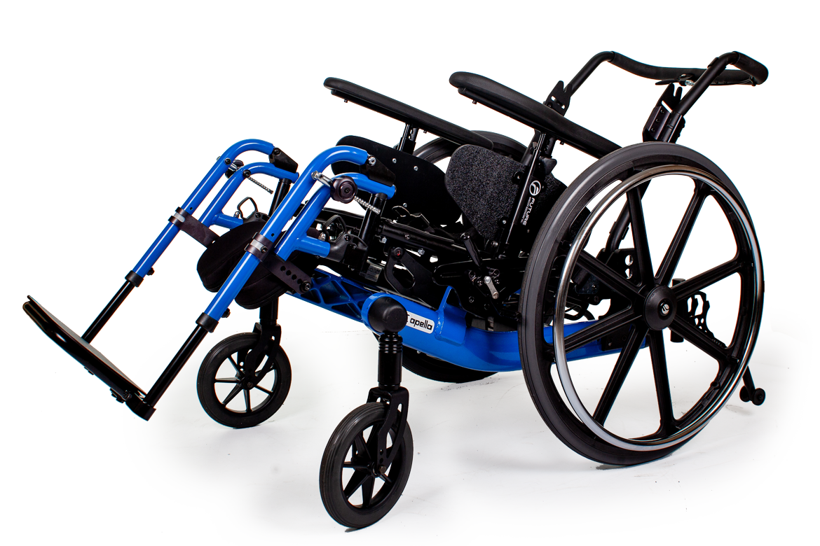 A manual tilt in space wheelchair photographed with the seat tilted back and the leg rests raised, which is the position that shifts pressure off the seat