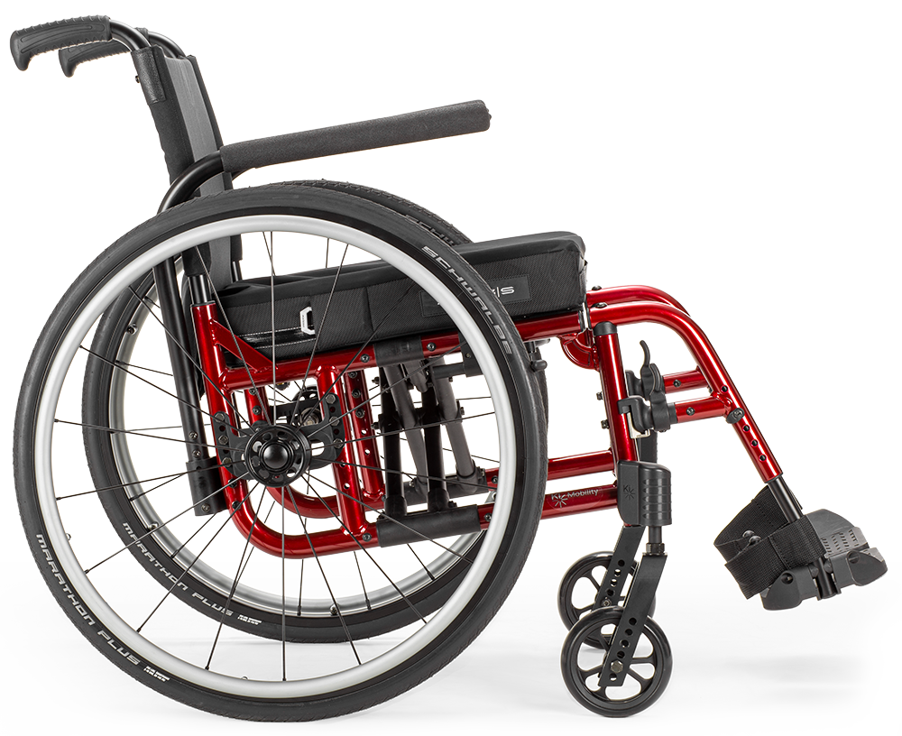 Catalyst 5 folding wheelchair, side view showing fold geometry