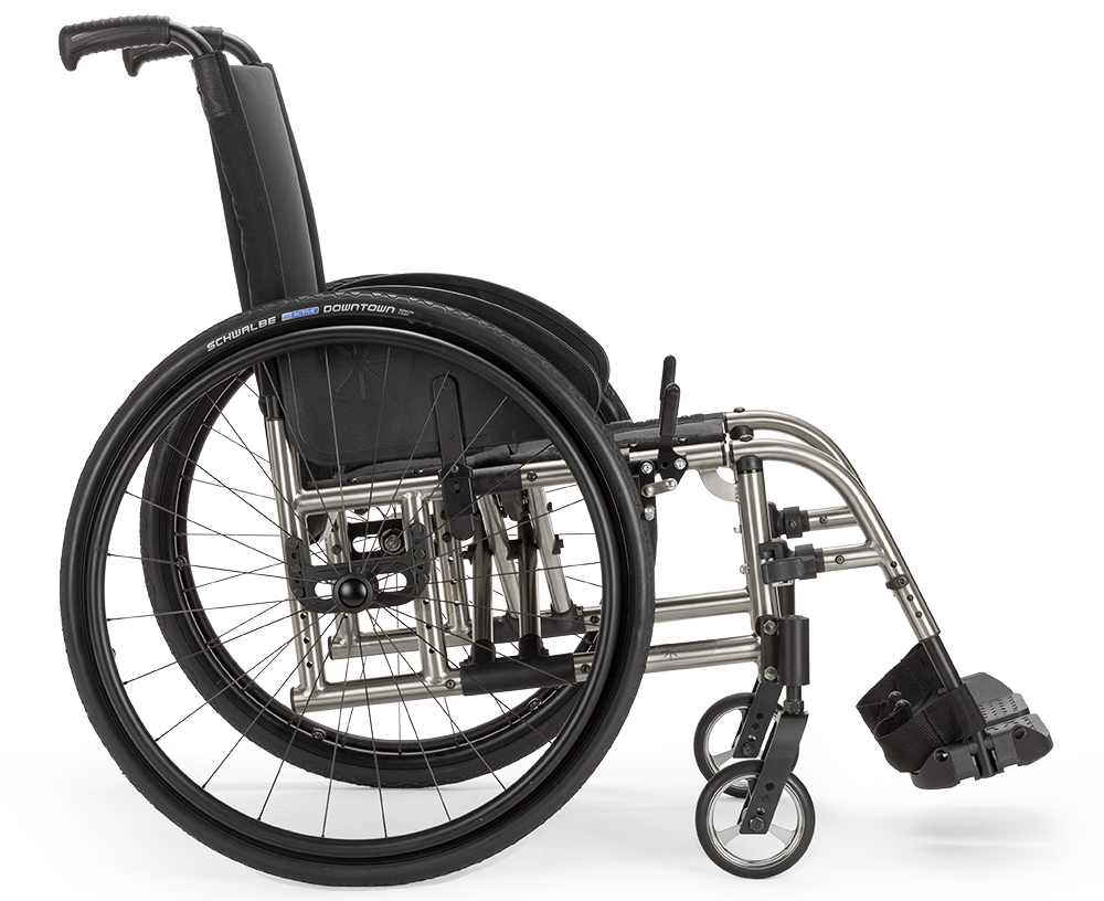Catalyst 5Ti titanium wheelchair, side view showing raw titanium tubes