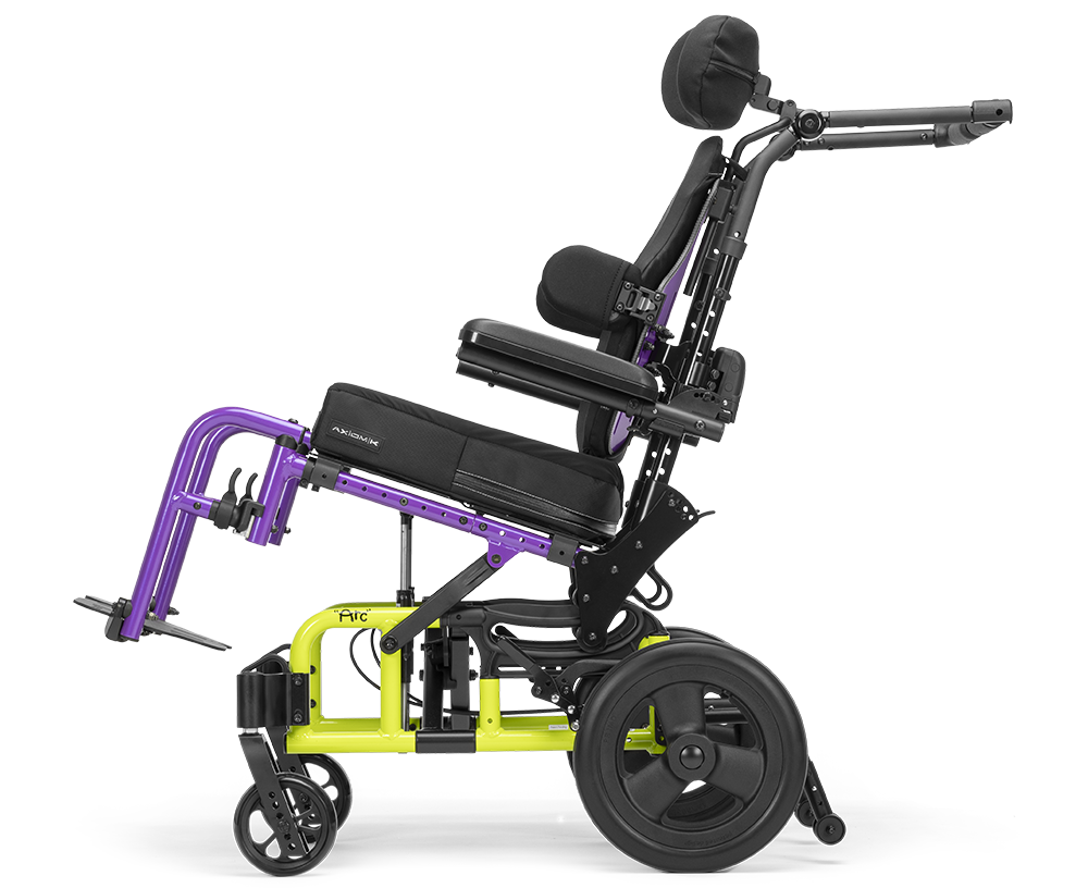 Little Wave Arc pediatric tilt wheelchair, left side view showing tilt geometry