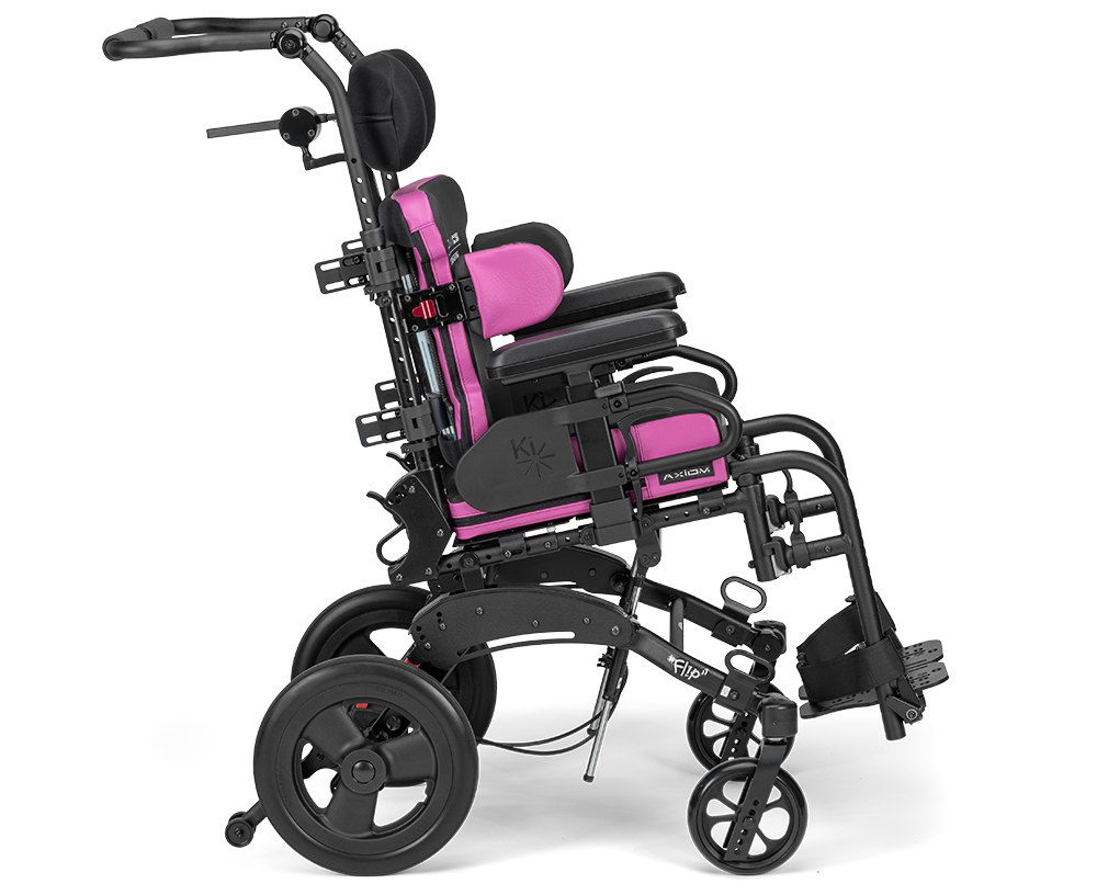 Little Wave Flip pediatric tilt wheelchair, side view showing tilt