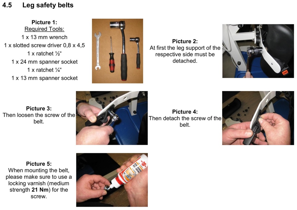 Beka NORA leg safety belt replacement sequence with the locking varnish step