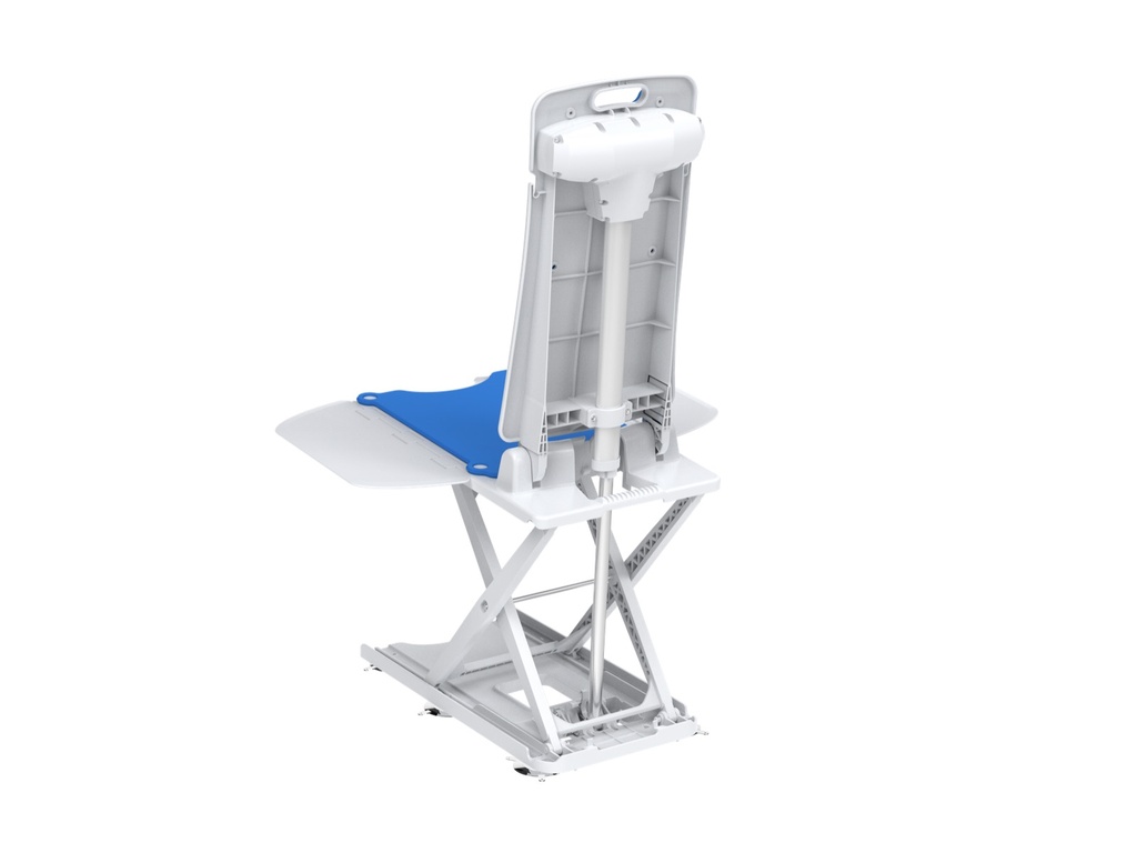 Wave Bath Lift side profile showing the scissor frame raised to full height above the tub floor