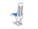 Wave Bath Lift side profile showing the scissor frame raised to full height above the tub floor