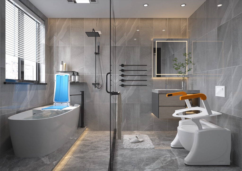 Wave Bath Lift set up in a home bathroom beside a walk-in shower, ready for a bath