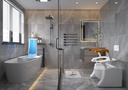 Wave Bath Lift set up in a home bathroom beside a walk-in shower, ready for a bath