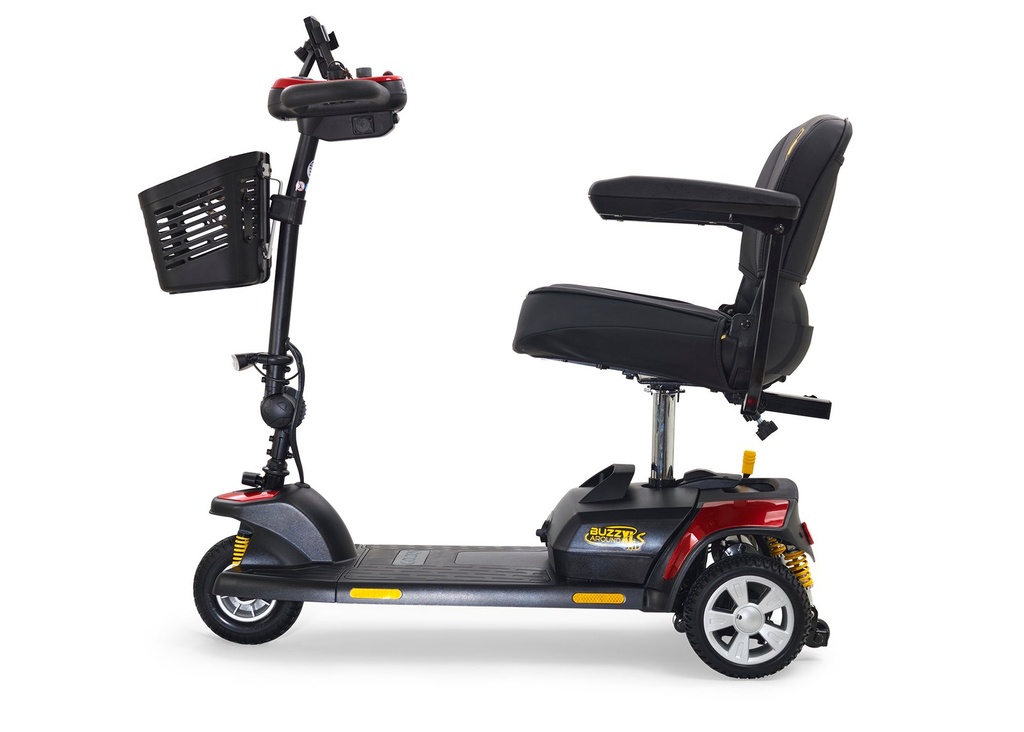 Golden Buzzaround XLS HD 3-wheel scooter side profile showing the spring suspension