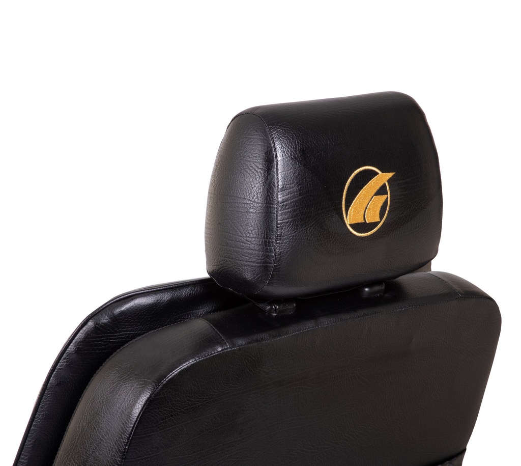 Golden Patriot captain's seat in Orange with black pillow-top back and headrest