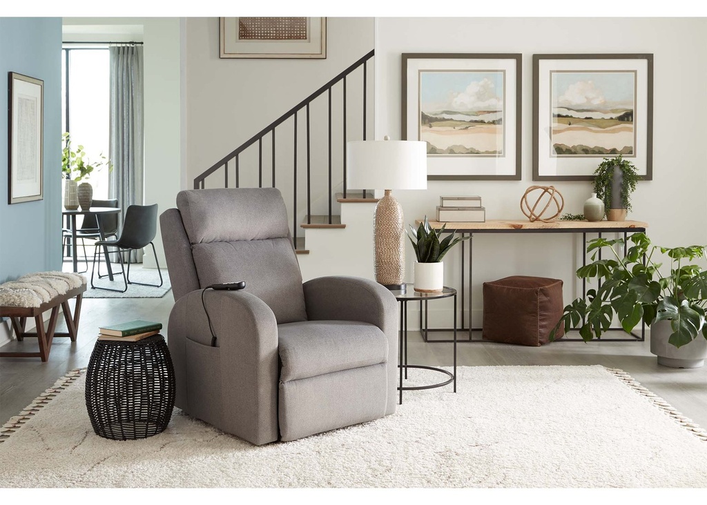 Golden EZ Sleeper Slim lift chair in Peppercorn fabric, seated, non-model studio shot