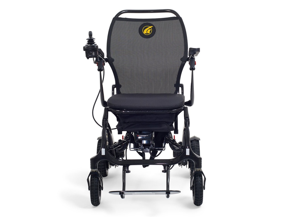 Golden Cricket GP-302 folding power wheelchair, front view on white