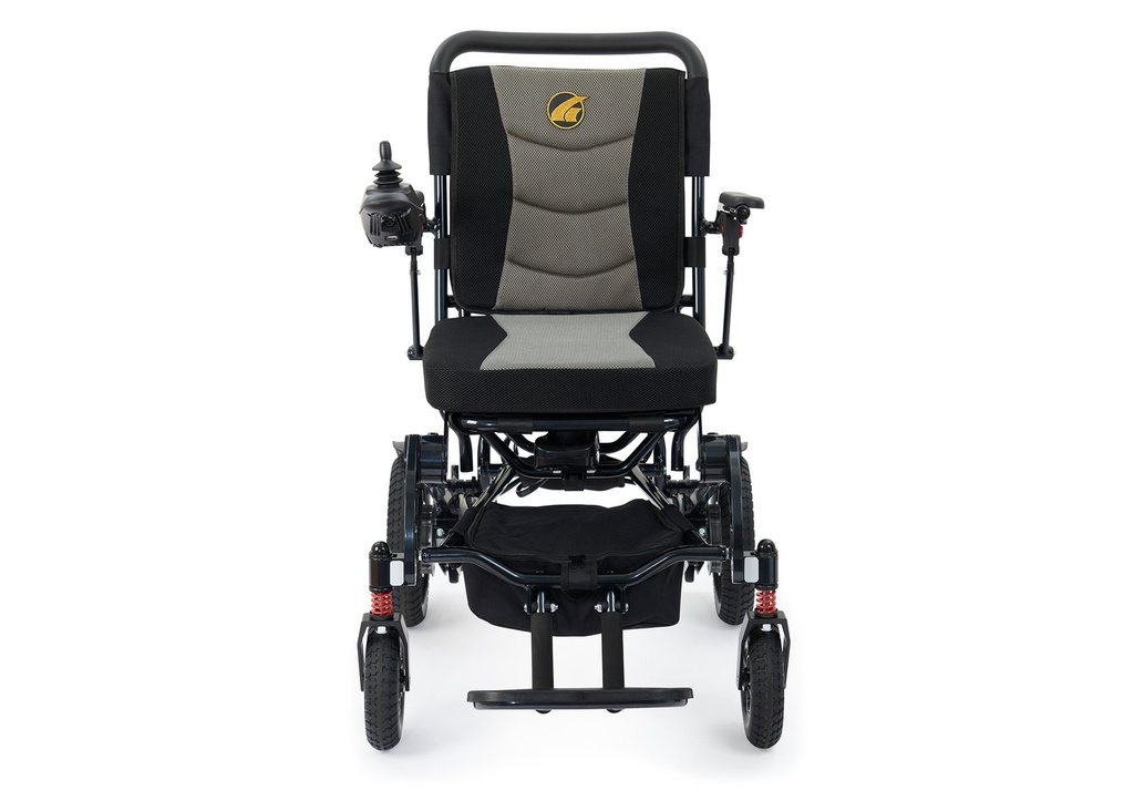 Golden Stride GP-301 folding power wheelchair, front view on white