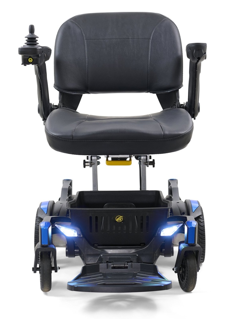 Golden Buzzaround Carry On PC GP-130 folding power wheelchair in blue, front view with LED lights