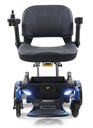 Golden Buzzaround Carry On PC GP-130 folding power wheelchair in blue, front view with LED lights