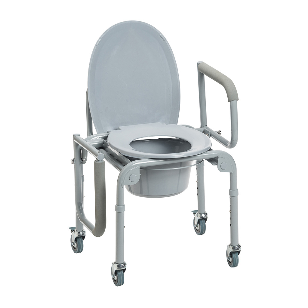Drive Steel Drop-Arm Commode with Wheels and Padded Armrests 11101W 258266 Drop-Arm Commode