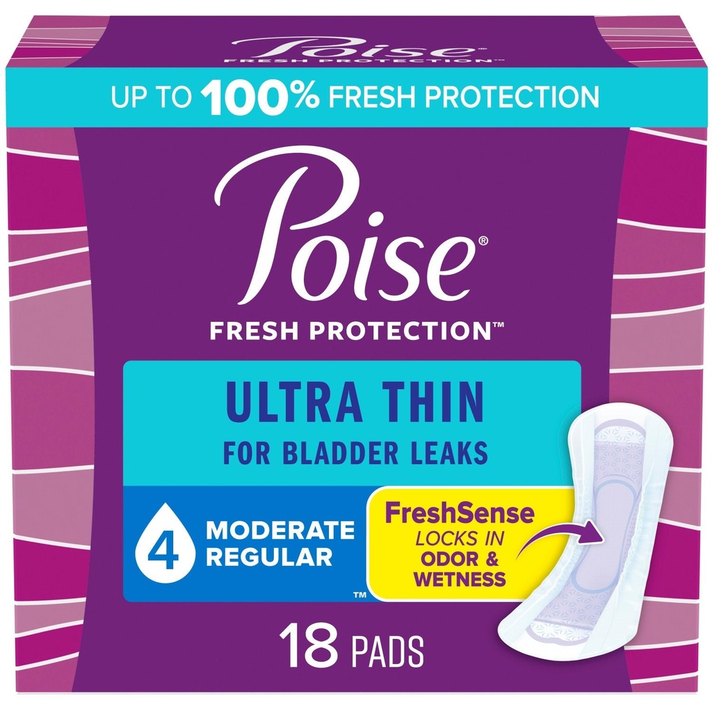 [036000513967] Poise Ultra Thin Incontinence Pads, 4 Drop Moderate Absorbency, Regular Length, 18 Count