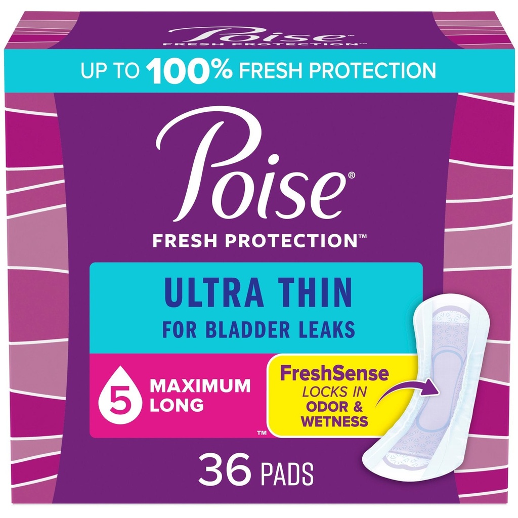[036000543520] Poise Ultra Thin Incontinence Pads, 5 Drop Maximum Absorbency, Long Length, 36 Count