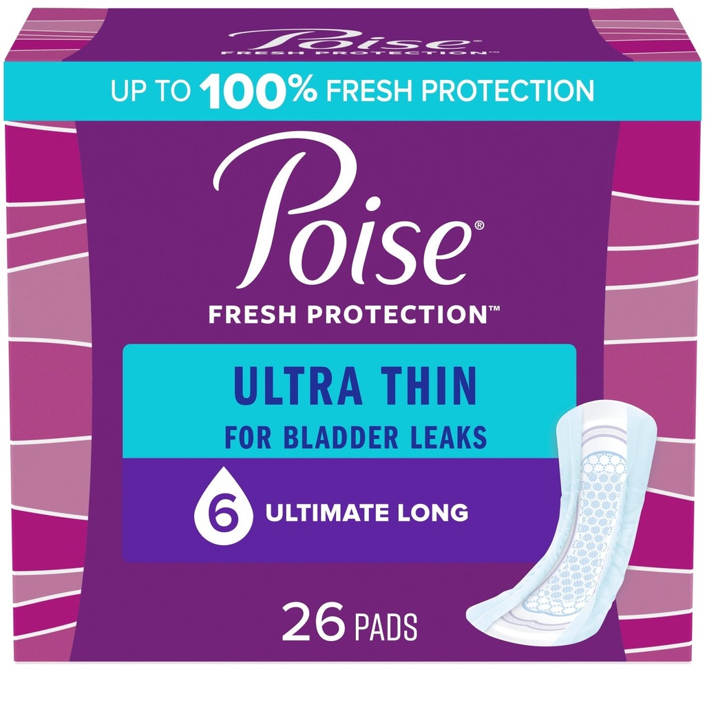 [036000543568] Poise Ultra Thin Incontinence Pads, 6 Drop Ultimate Absorbency, Long Length, 26 Count