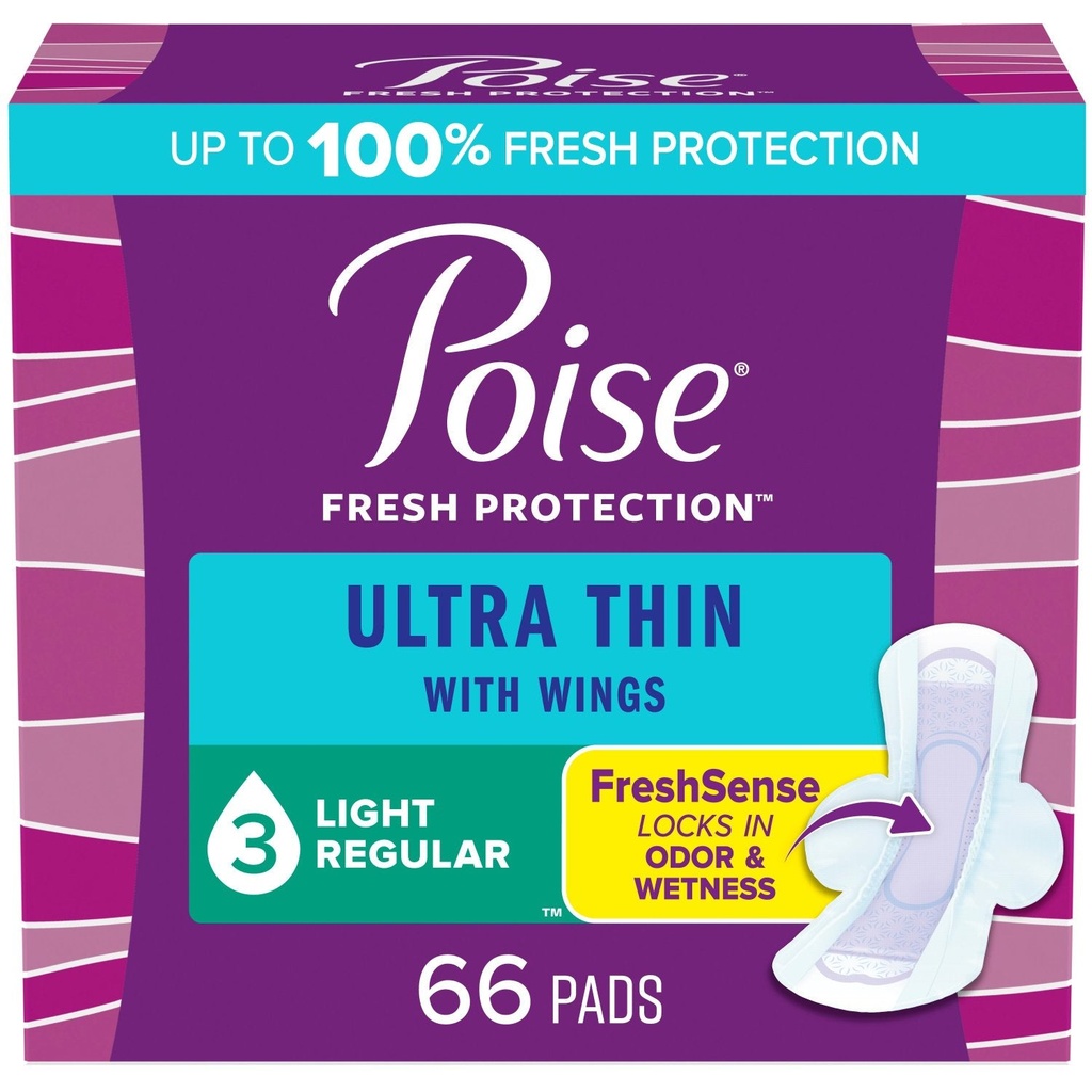 [036000543865] Poise Ultra Thin Incontinence Pads With Wings, 3 Drop Light Absorbency, Regular Length, 66 Count