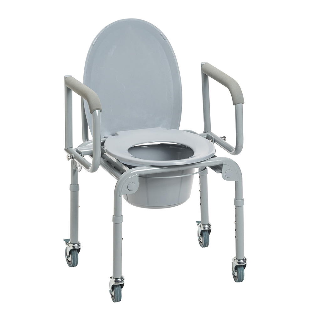 [11101W-2] Drive Steel Drop-Arm Commode with Wheels and Padded Armrests